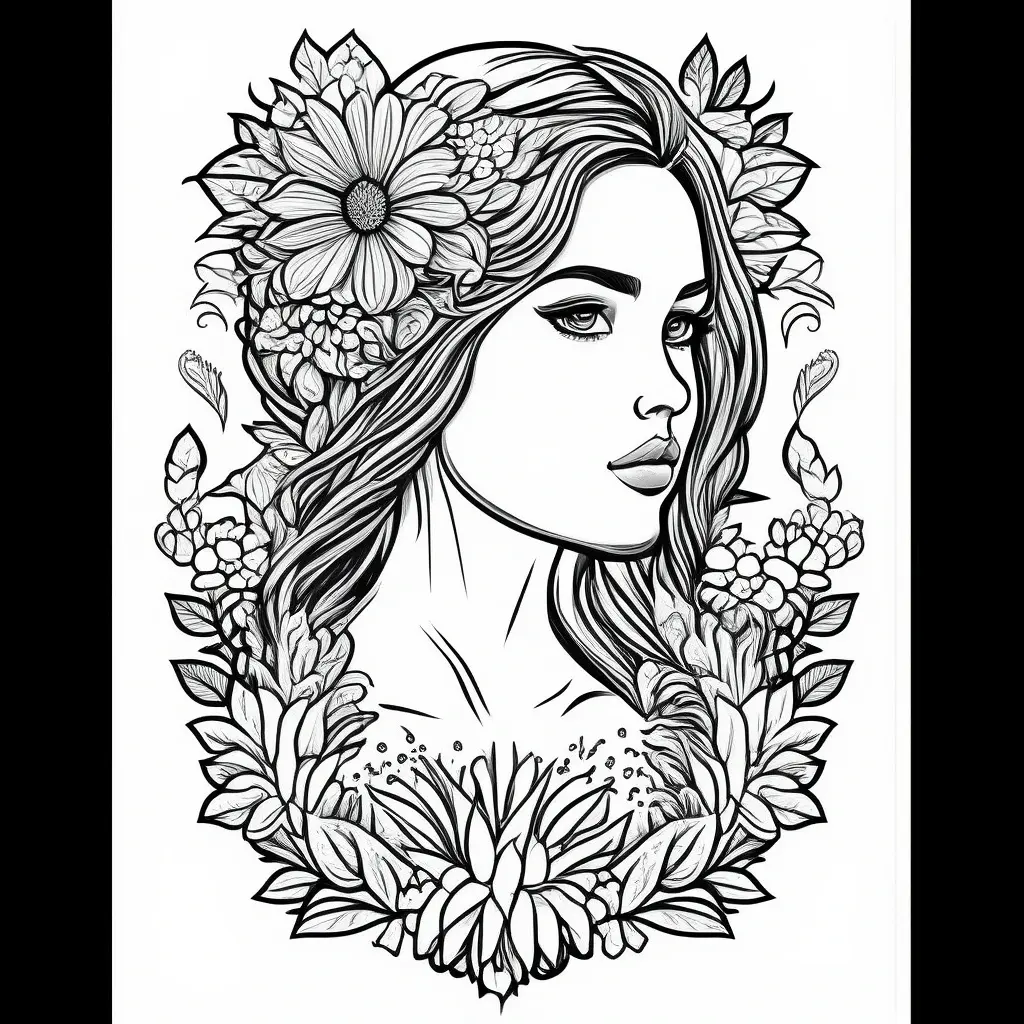 Black-and-white floral portrait line art a woman surrounded by flowers, designed as detailed coloring page, kids' coloring page, a printable coloring page and coloring sheets for spring and