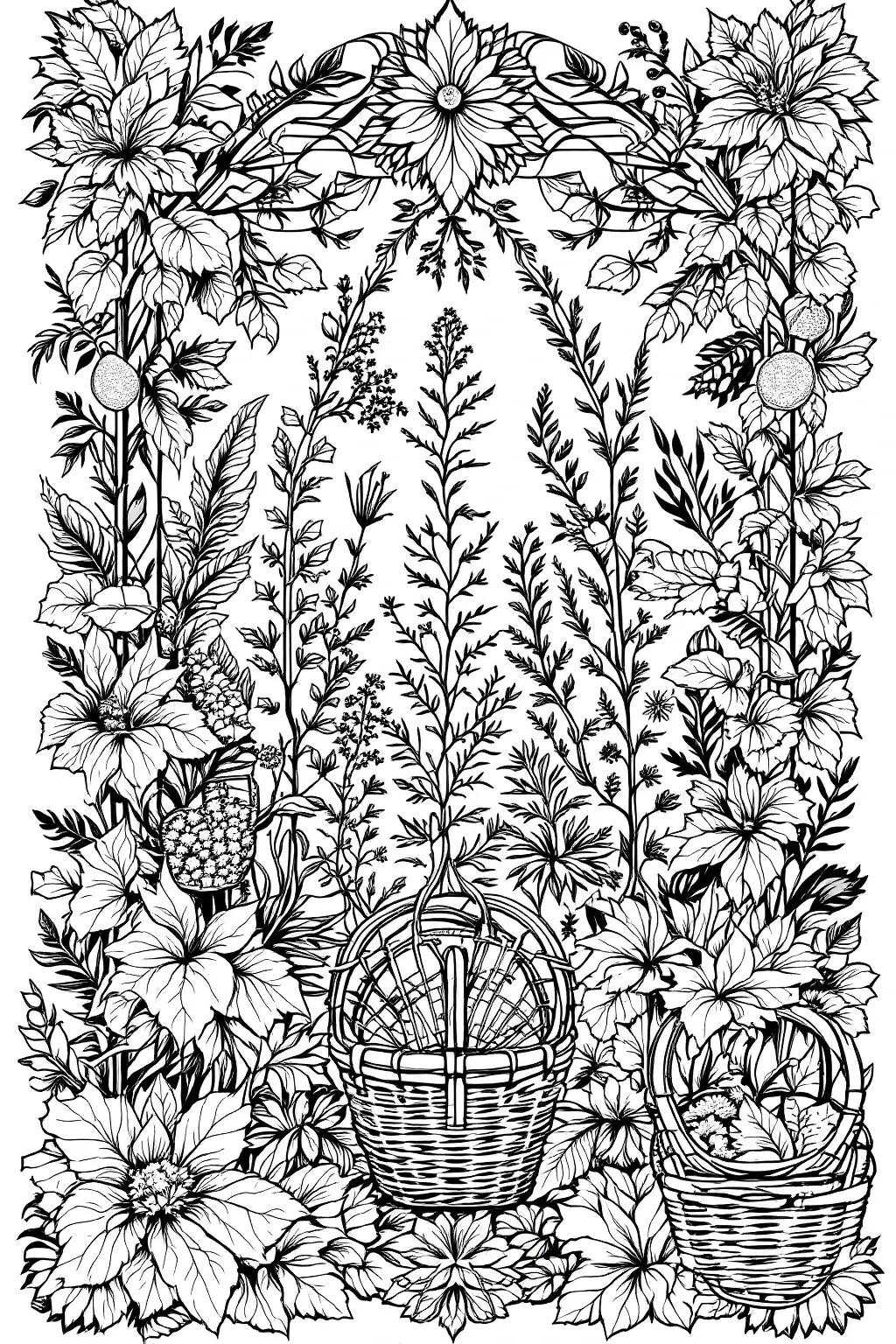 Black and white floral garden coloring page with baskets, flowers and leaves detailed coloring page, kids' coloring page, printable coloring page, coloring sheets; spring and summer flower scene.
