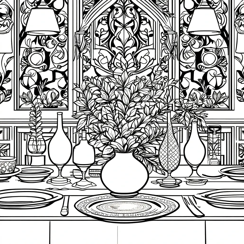Intricate black-and-white dining table coloring page with a vase of leaves, decorative vases, plates and ornate window detailed coloring page, kids' coloring page, printable coloring page, coloring