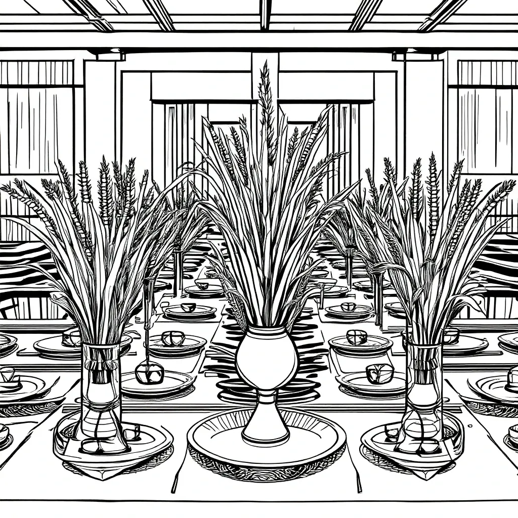 Black-and-white dining table centerpiece line art for a printable coloring page detailed coloring page and kids' coloring page style, perfect as a coloring sheets page in a printable coloring page.