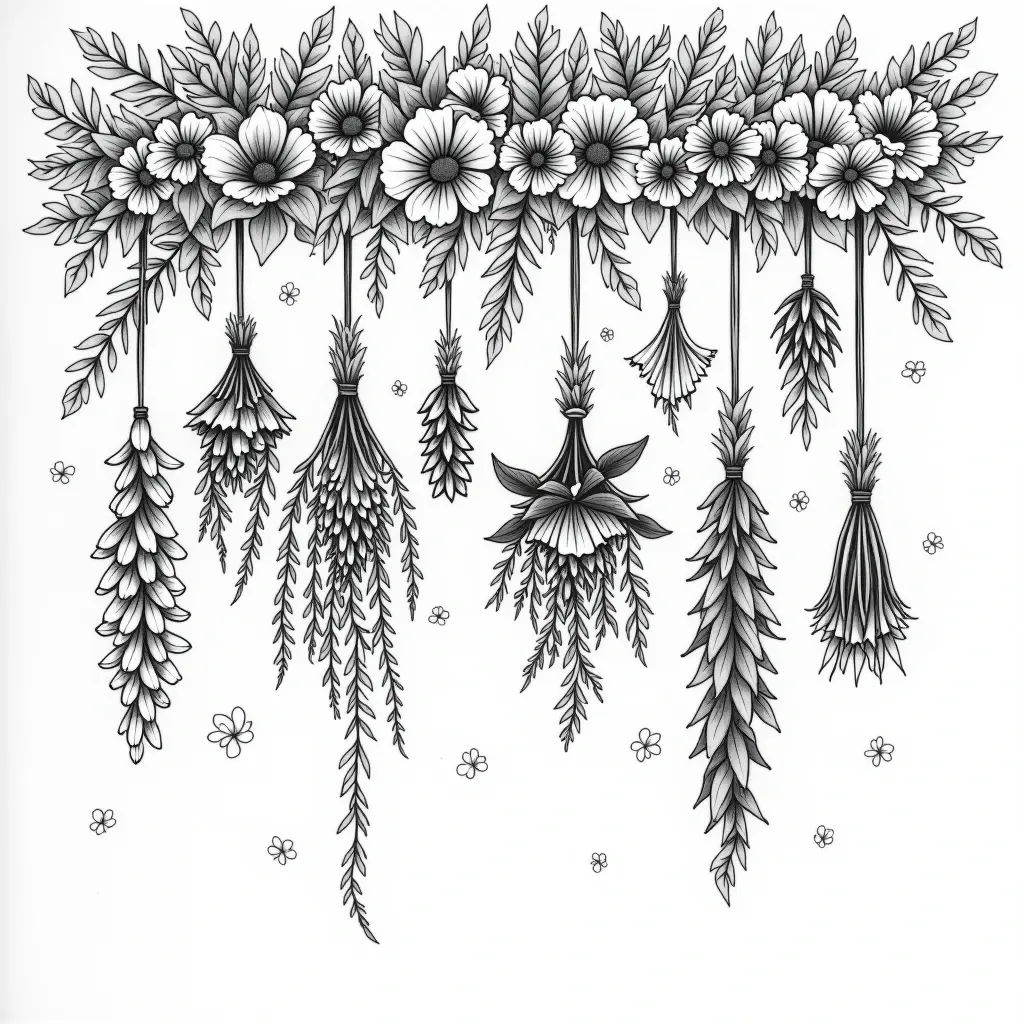 Black and white hanging floral garland line art for detailed coloring page, kids' coloring page, printable coloring page and coloring sheets with flowers and leaves, mandala-style details.
