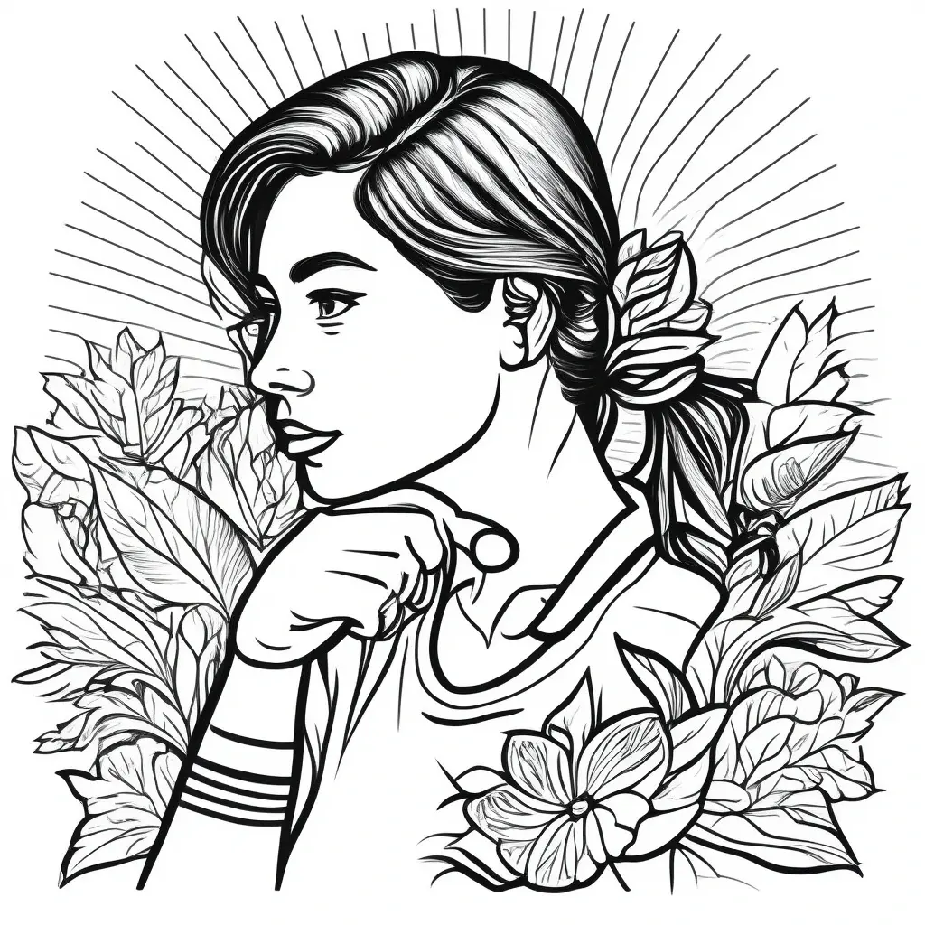 Black and white floral portrait line art of a thoughtful young person surrounded by leaves and flowers for detailed coloring page, kids' coloring page, printable coloring page and coloring sheets.