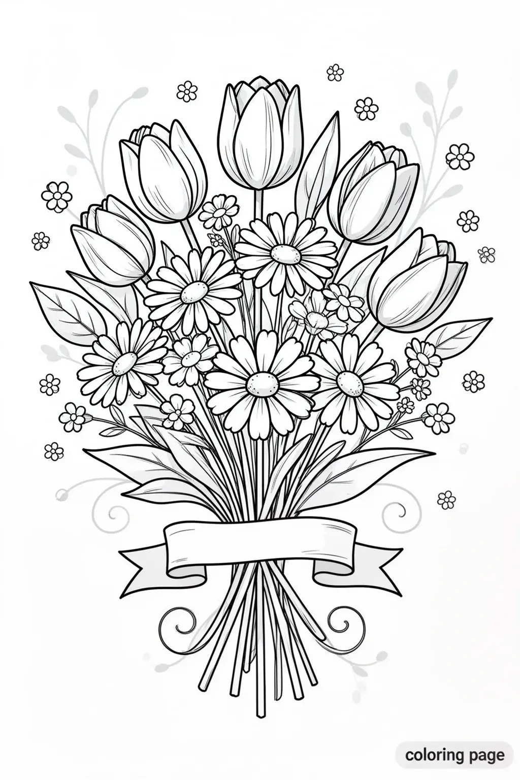 Flowers coloring page: Bouquet of Tulips & Daisies for Kids.