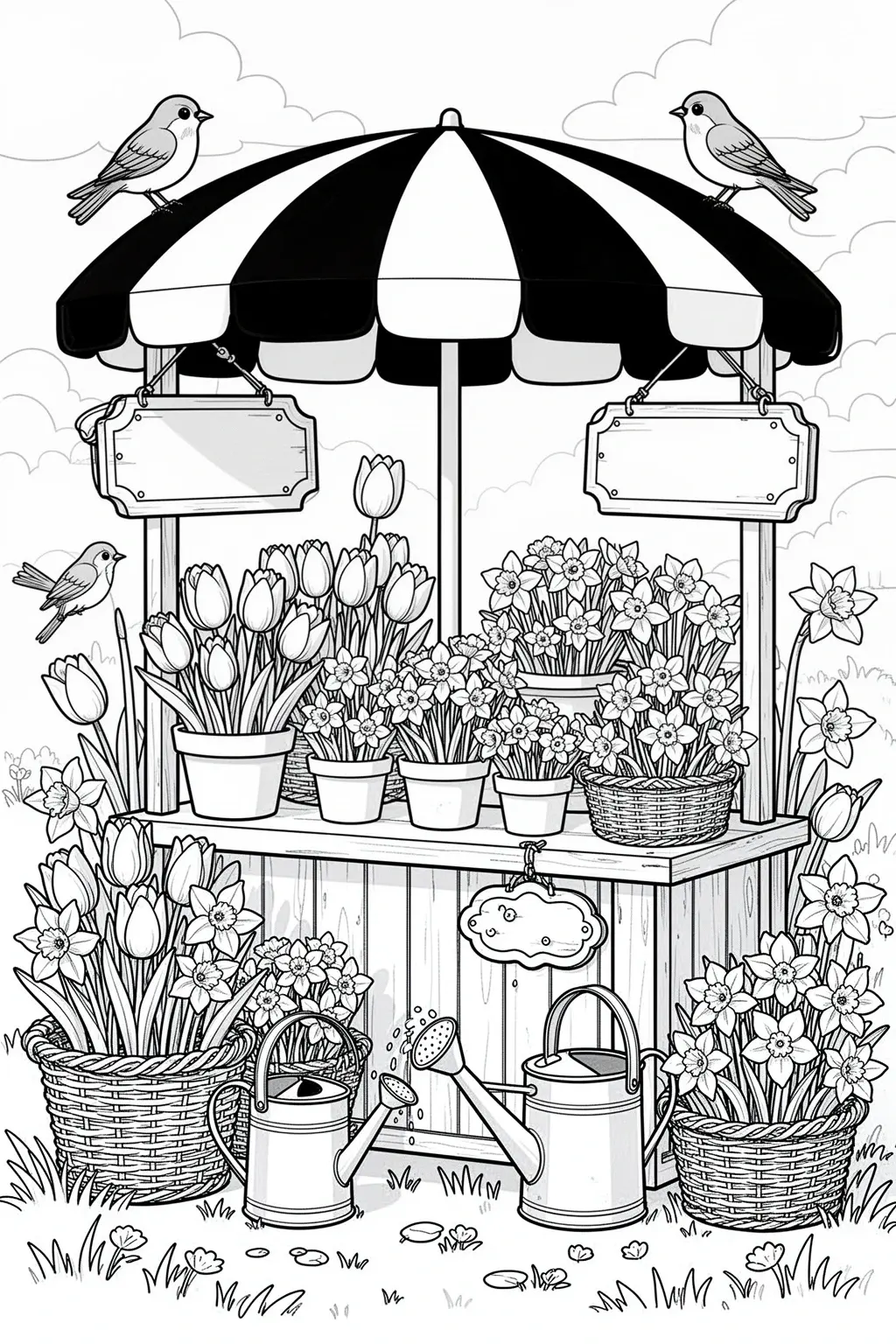 Detailed coloring page of a spring flower market stall with tulips, daffodils, baskets, and songbirds.