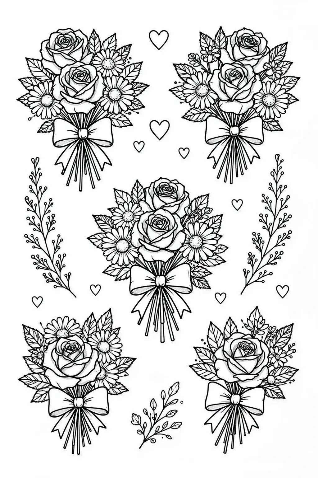 Black and white coloring page of black-and-white printable flower tattoo flash sheet with bouquet motifs and bows
