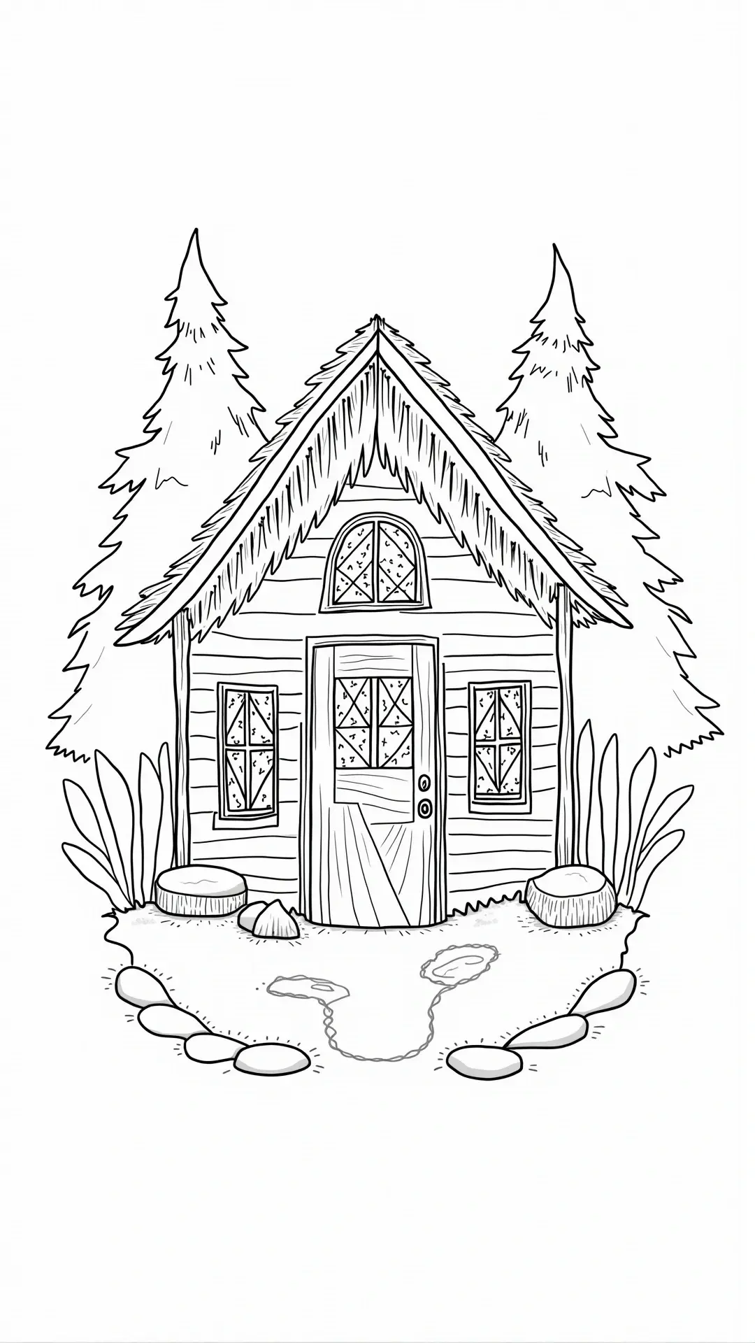 Black-and-white cabin line art for coloring detailed coloring page and kids' coloring page suitable for a printable coloring page and loose coloring sheets, cozy house with pine trees and stones.