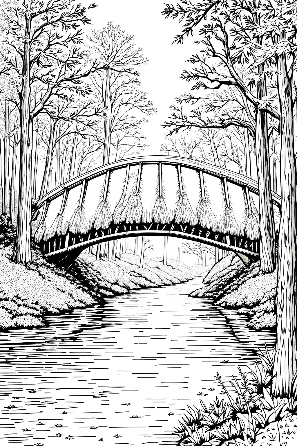Black and white forest landscape bridge line art a detailed coloring page scene for a printable coloring page with kids' coloring page and coloring sheets in a nature theme.