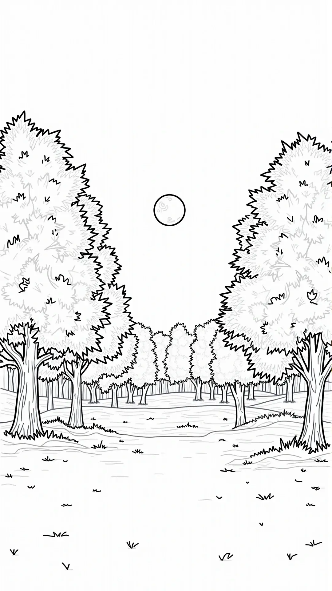 Line-art forest scene with rows of trees and a moon; detailed coloring page, kids' coloring page, printable coloring page, coloring sheets for spring and fall.