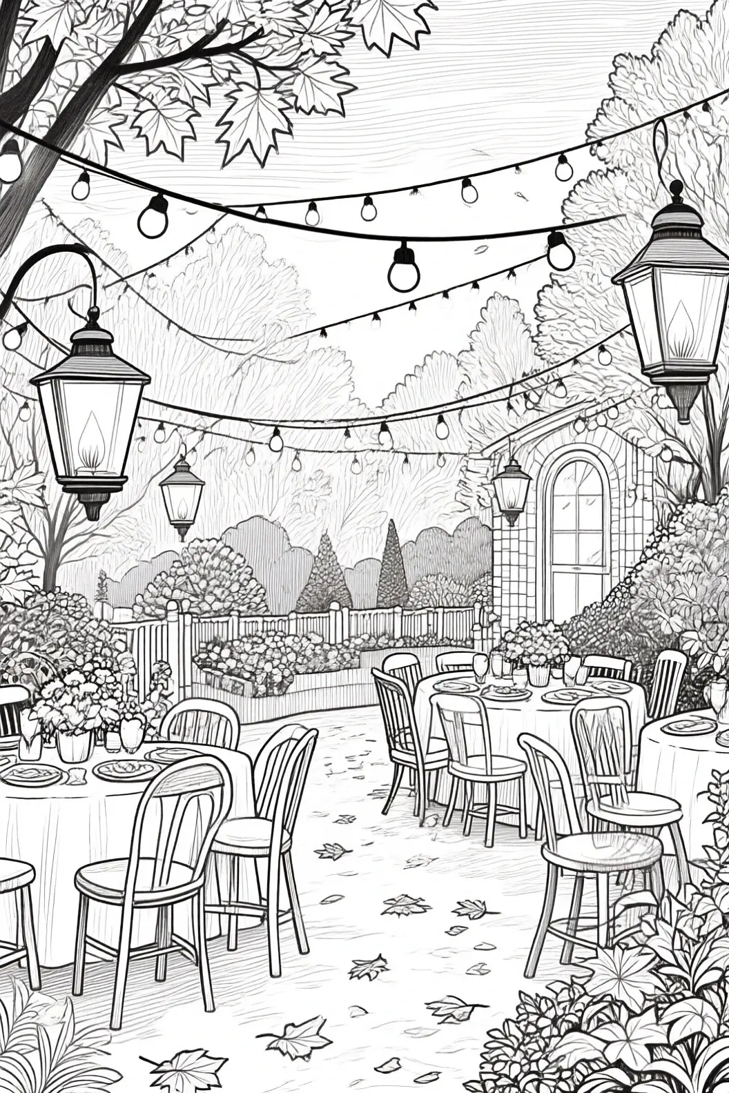 Black and white garden cafe patio line art with tables, chairs, lanterns, string lights and fallen leaves detailed coloring page and kids' coloring page printable coloring page coloring sheets.