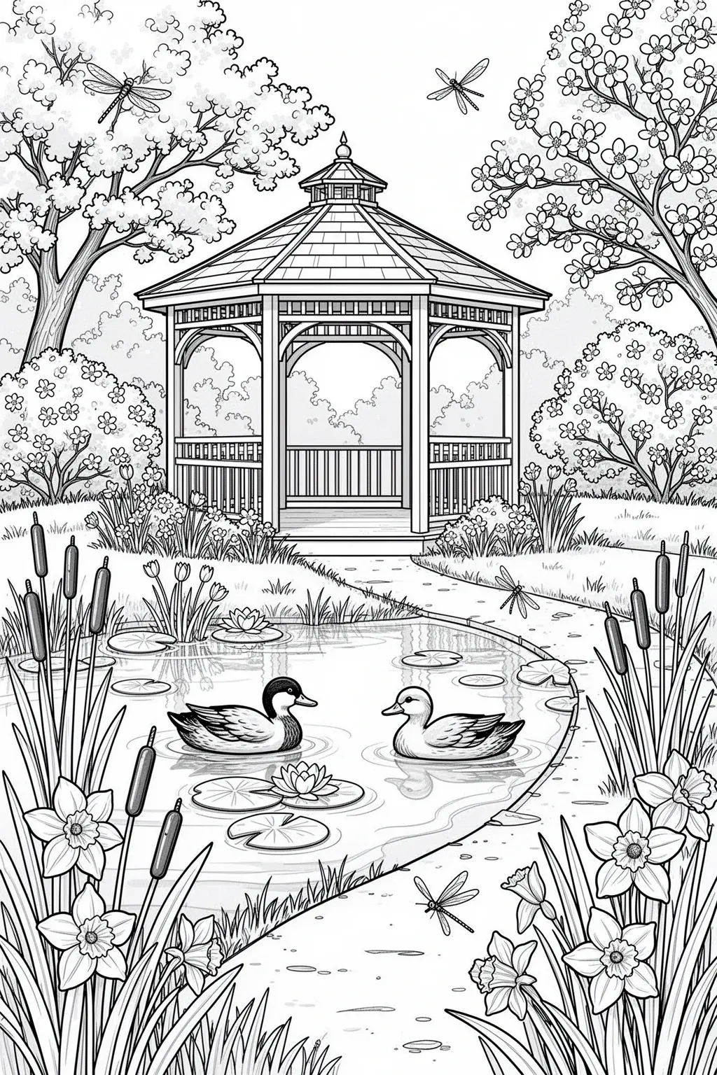Detailed coloring page of a spring gazebo beside a duck pond with daffodils and dragonflies.