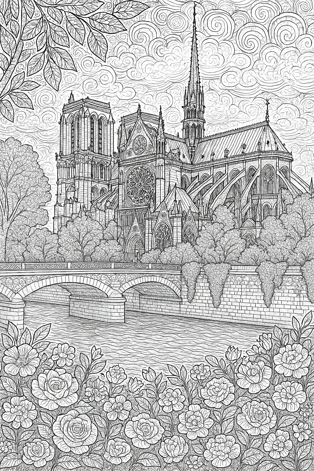 Black-and-white detailed line art of a Gothic cathedral and bridge with flowering bushes in the foreground; printable coloring sheet ideal for detailed coloring page, kids' coloring page, printable