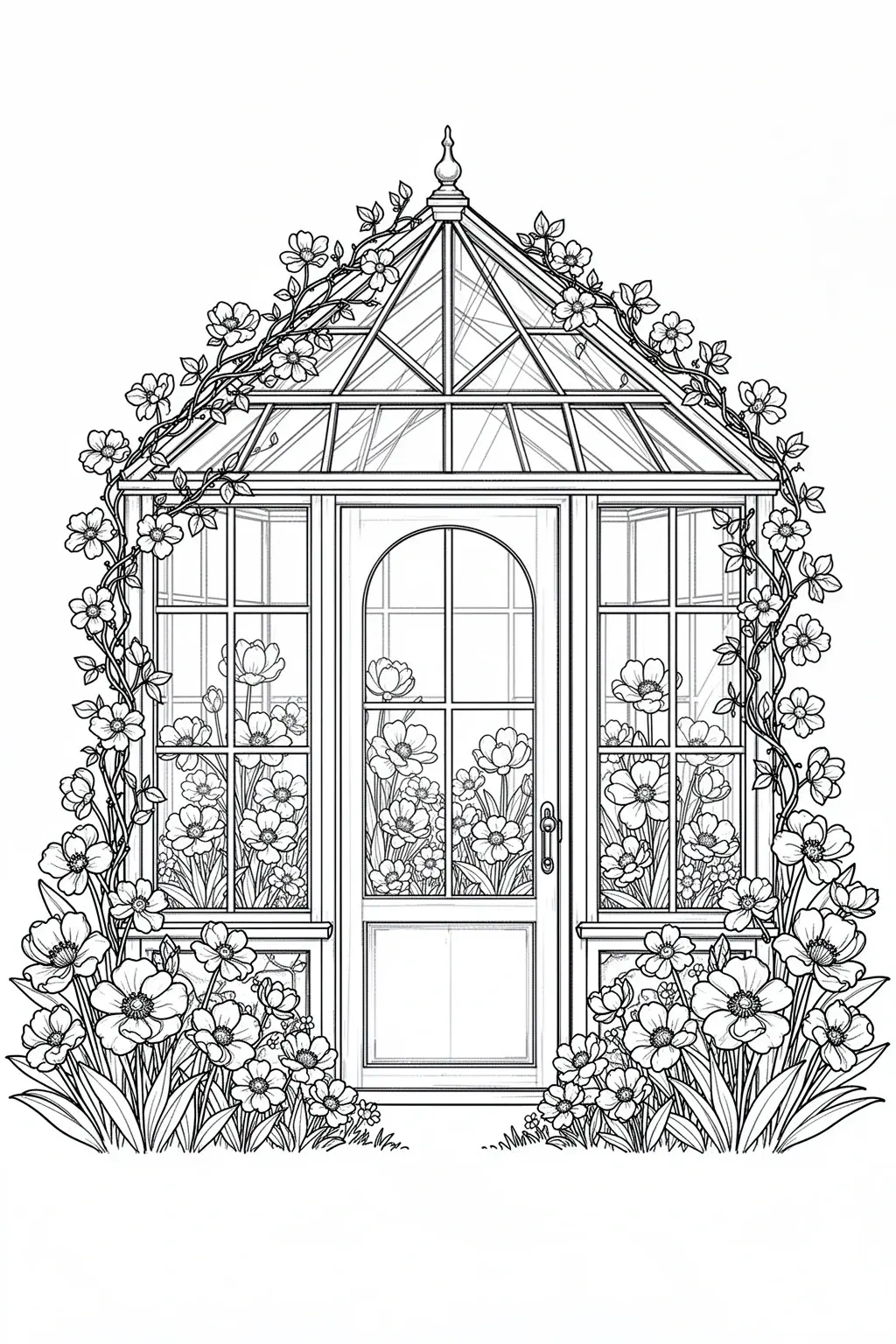 Black-and-white coloring page of greenhouse spring coloring page.
