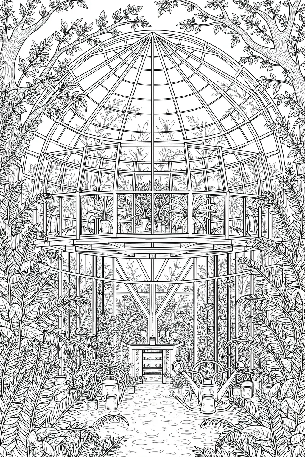 Intricate greenhouse coloring page with plants, pots and walkways detailed coloring page, kids' coloring page, printable coloring page and coloring sheets featuring spring and summer foliage, cozy