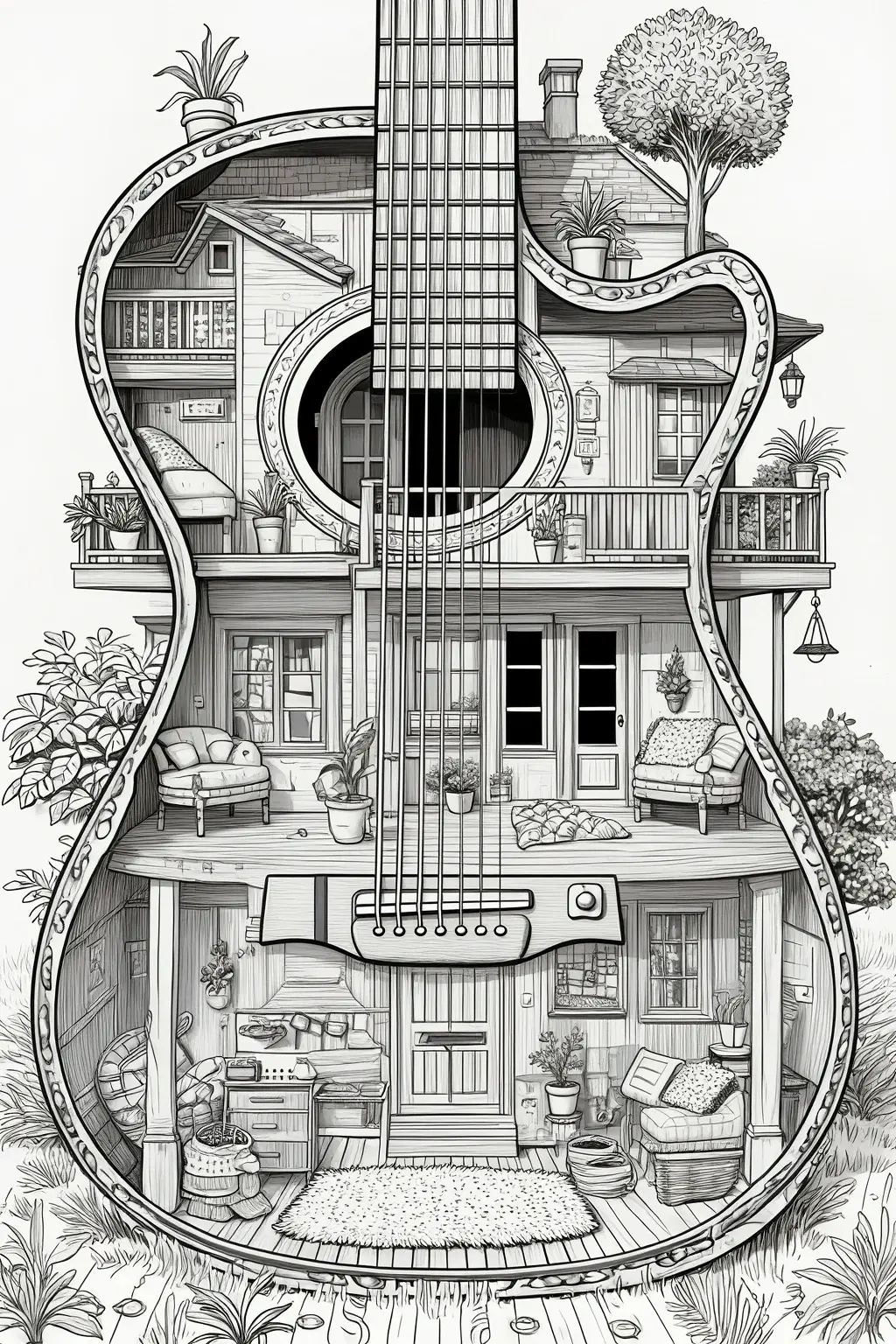 Black-and-white guitar-shaped house illustration with multiple rooms, porches, plants, and detailed architectural elements for detailed coloring page, kids' coloring page, printable coloring page, and