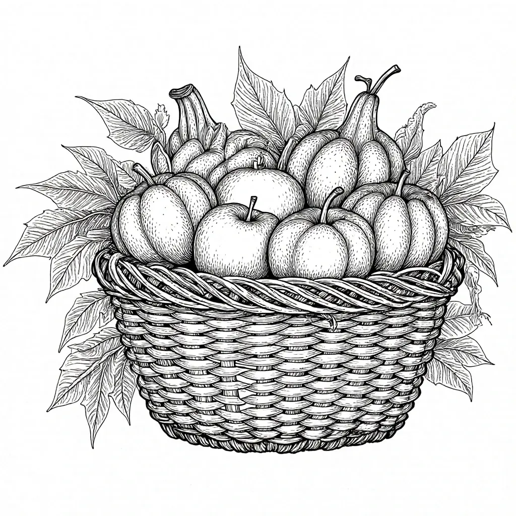 Detailed coloring page of a harvest basket with fruits and leaves, ideal for printable coloring books and kids' coloring page.