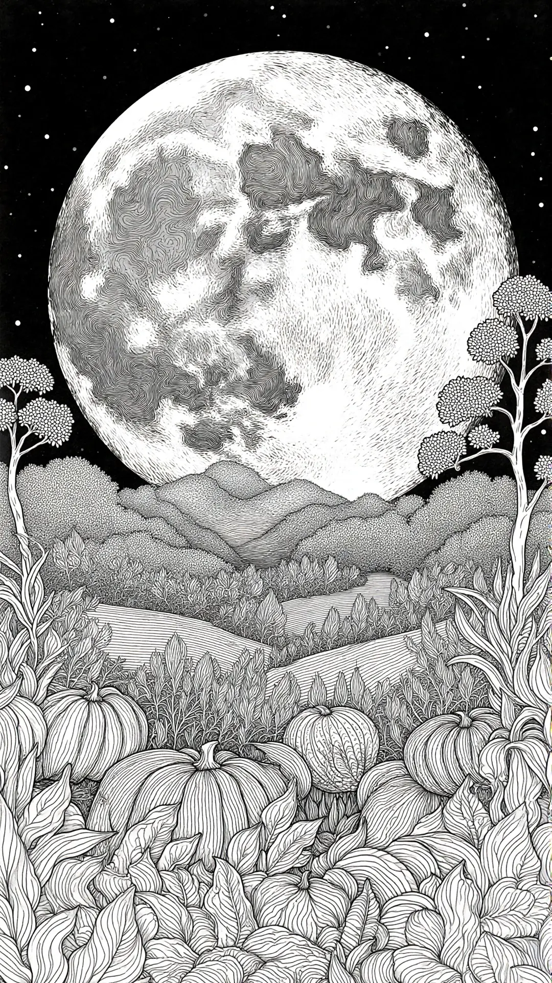 Detailed coloring page with a large moon, pumpkins, and nature elements.
