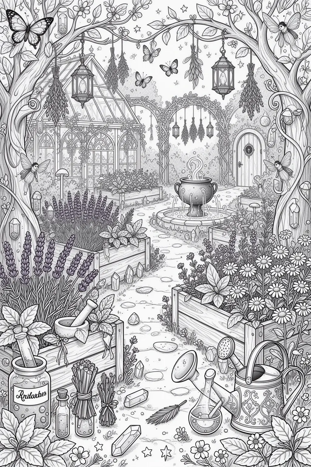 Enchanted Herb Garden coloring page for Potion Lovers.