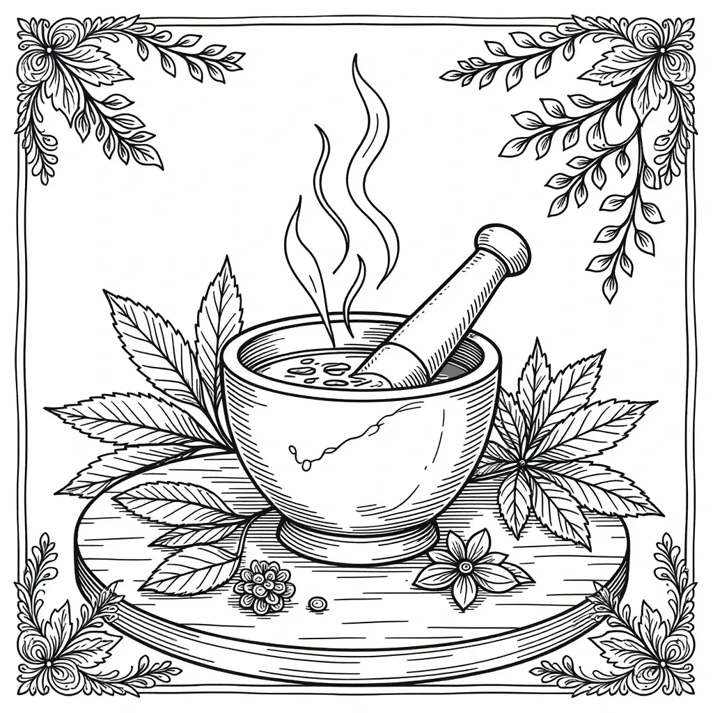Black and white botanical mortar and pestle coloring sheet featuring herbs and flowers; a detailed coloring page printable coloring page style image suitable for kids' coloring page and coloring