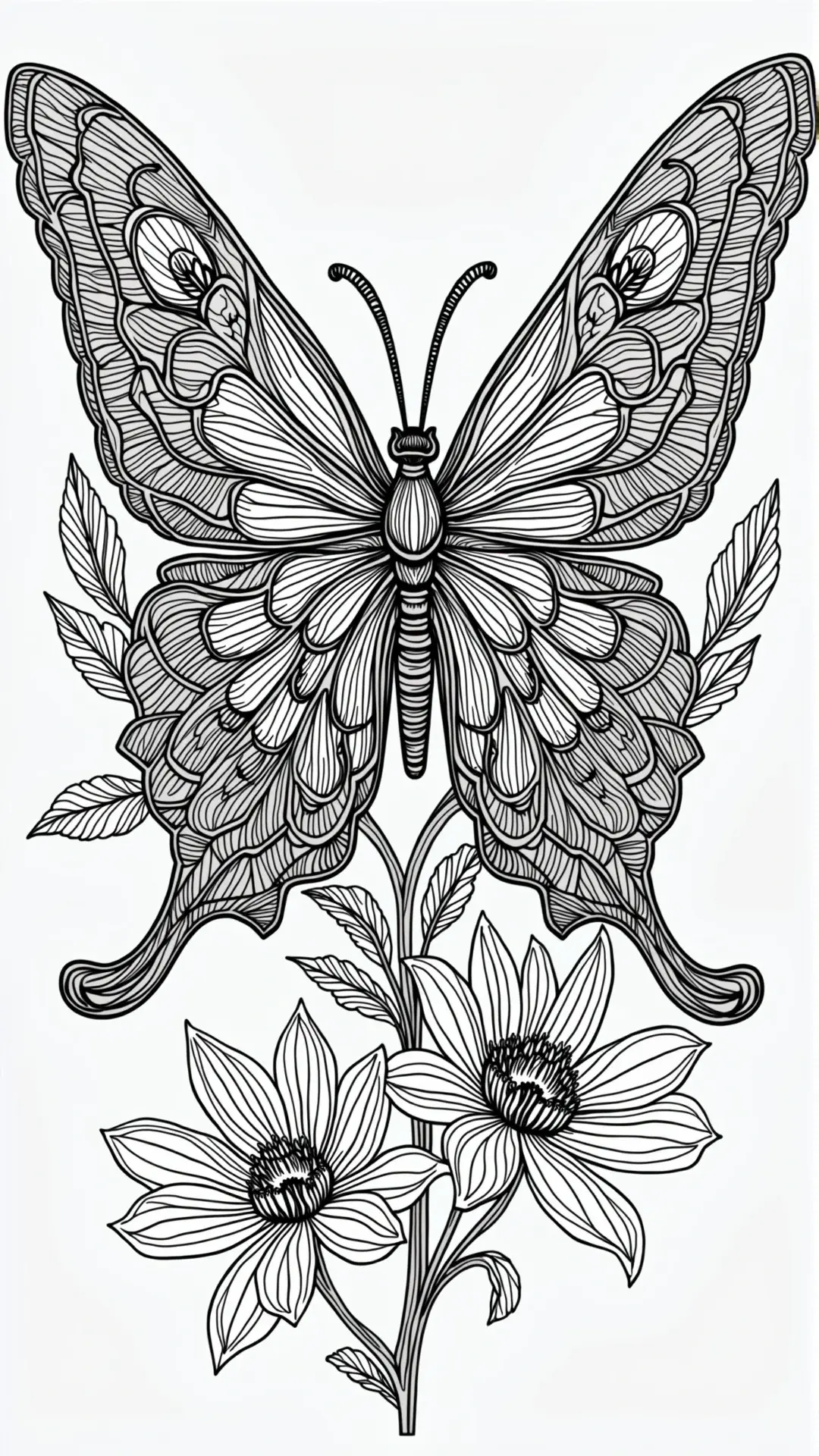 Intricate line-art butterfly over wildflowers an animal, spring-themed design with mandala-inspired wings; great for detailed coloring page, kids' coloring page, printable coloring page use, and