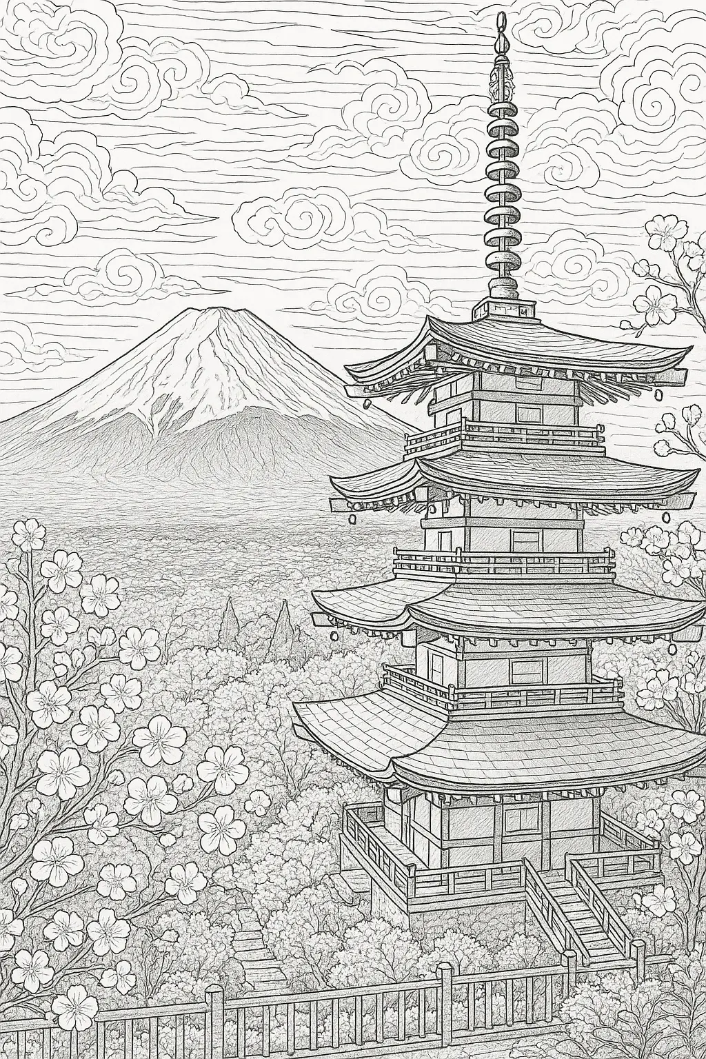 Black-and-white pagoda and Mount Fuji scene for a printable coloring page, detailed coloring page with cherry blossoms, kids' coloring page and coloring sheets for spring.