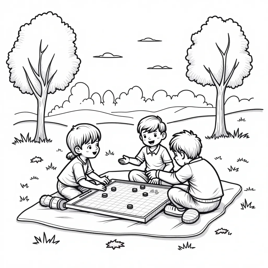 Black-and-white coloring page of three children playing a board game on a picnic blanket in a park with trees people coloring page theme. Ideal for spring coloring page, summer coloring page, and fall