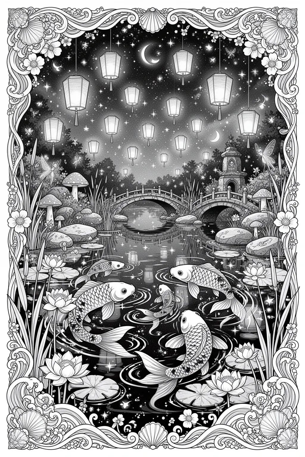 MAGICAL KOI Lantern Dream Printable coloring page.