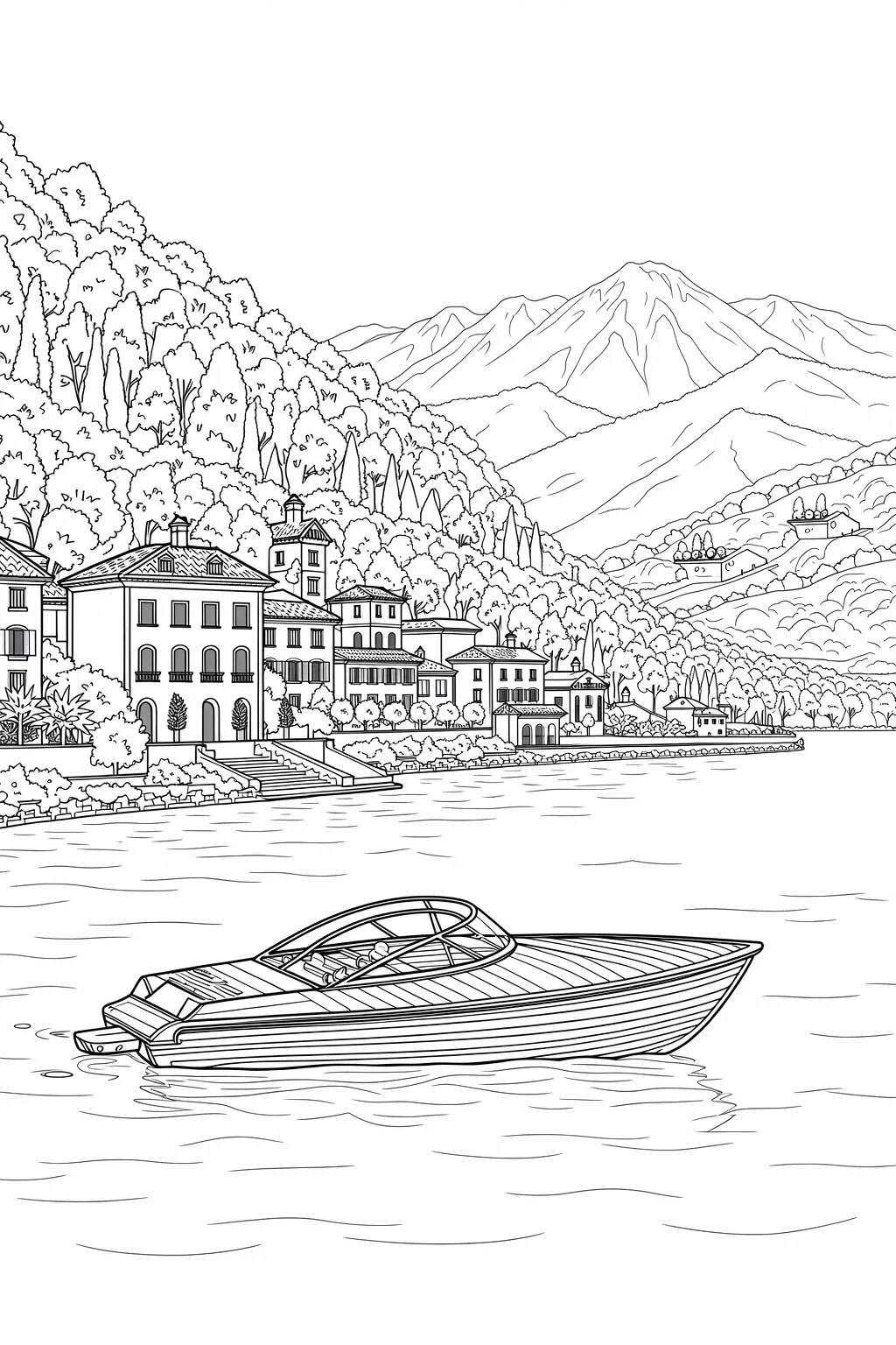 Line-art lakeside village and speedboat coloring page detailed coloring page for a printable coloring page, kids' coloring page and coloring sheets; peaceful summer/spring scene with houses, trees.