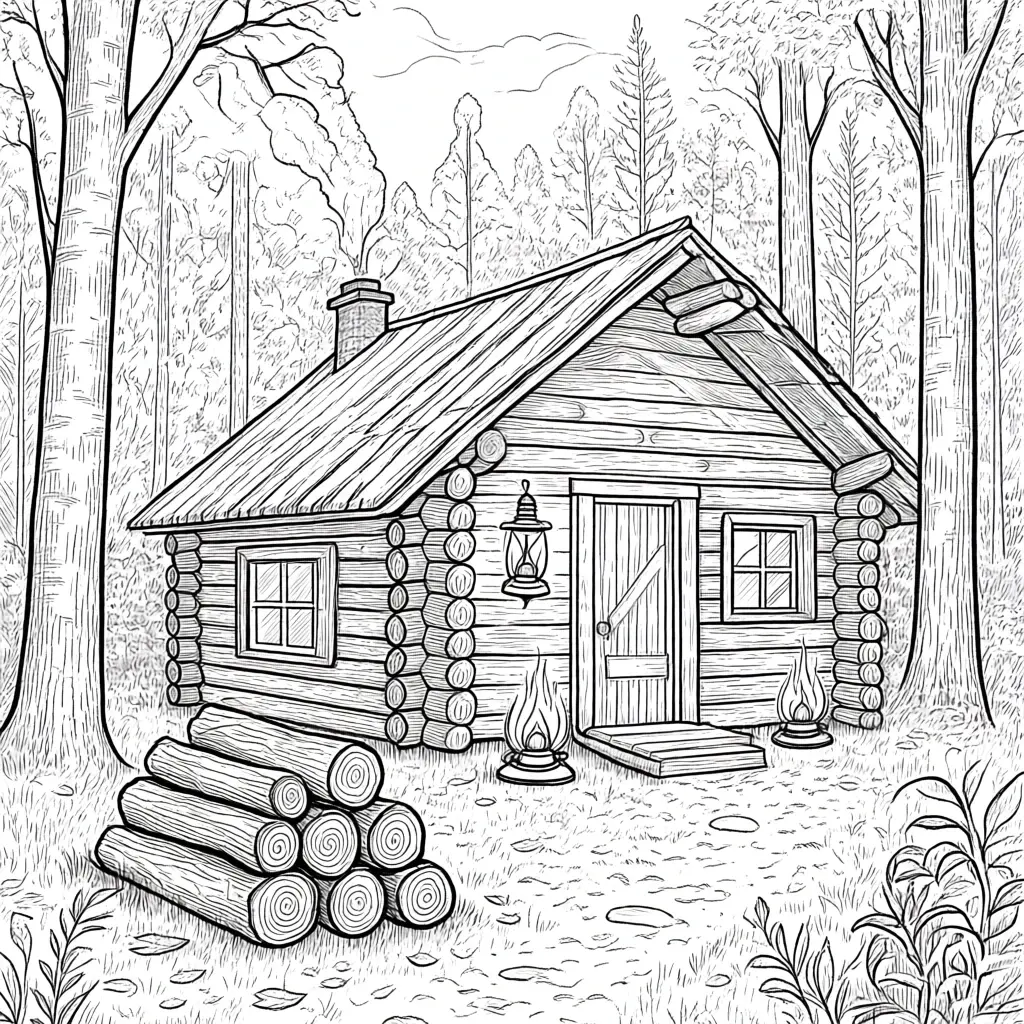 Black-and-white log cabin scene: detailed coloring page of a wooden cottage in the forest, perfect kids' coloring page and a printable coloring page style coloring sheets for fall and nature.