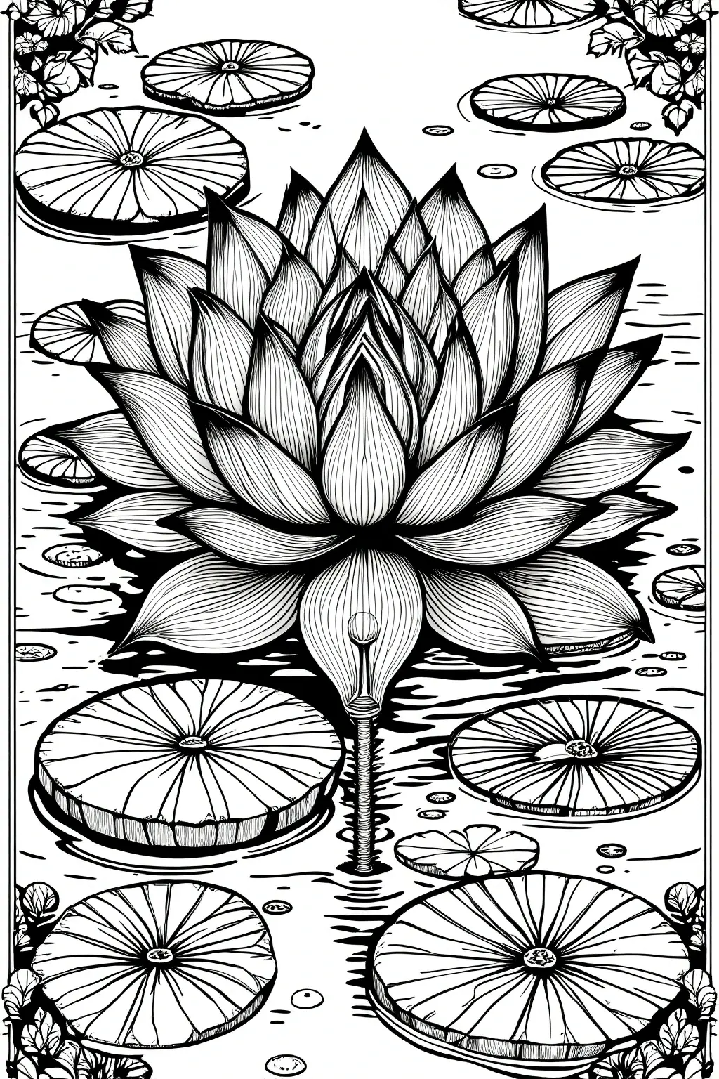 Black-and-white detailed lotus waterlily illustration with lily pads intricate mandala-style floral design ideal for detailed coloring page, kids' coloring page, printable coloring page entries and