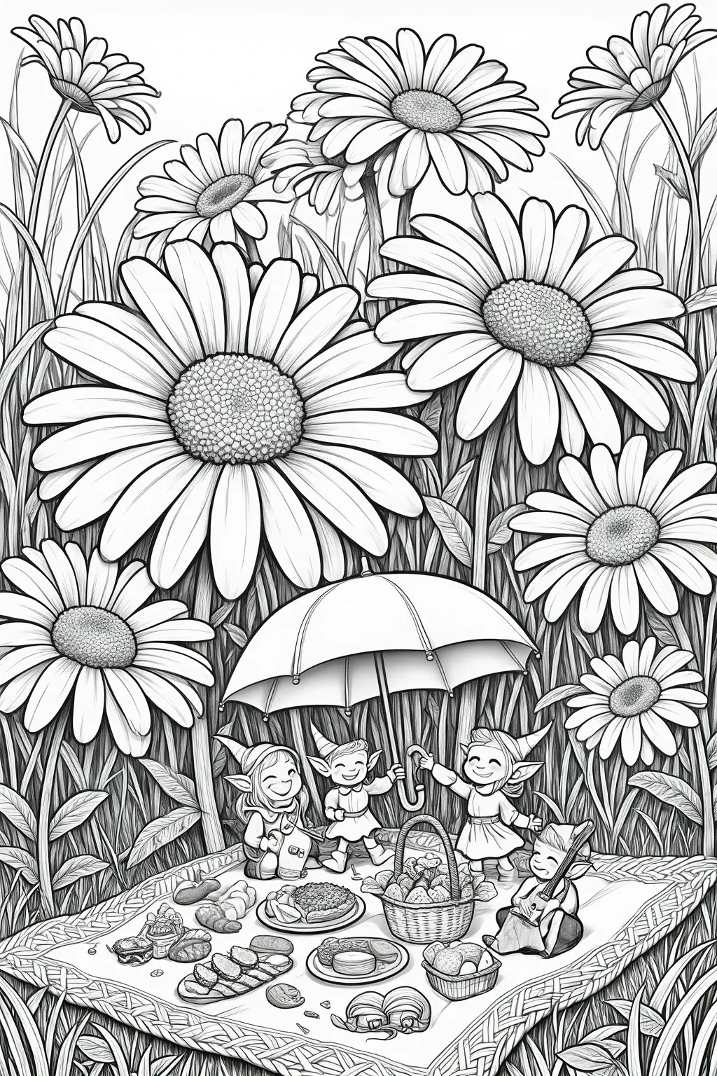 Black-and-white detailed coloring page of a magical spring picnic with fairy people under a large umbrella, surrounded by giant flowers and grass. A whimsical printable coloring page scene with kids'