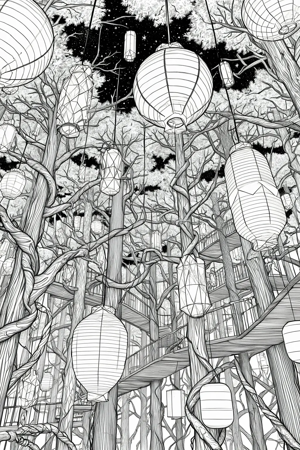 Black and white detailed coloring page of a magical treehouse forest with hanging lanterns, twisting trees, and intricate branches for kids' coloring page, detailed coloring page, printable coloring