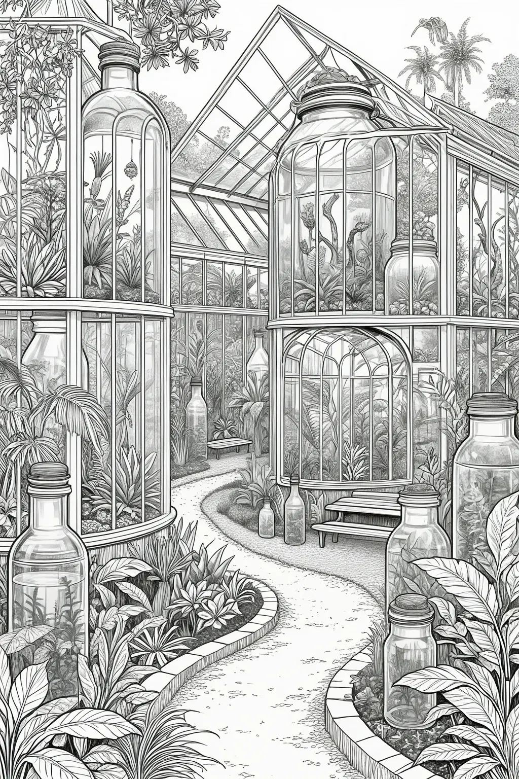 Detailed black-and-white coloring page of a magical greenhouse garden with glass conservatories, tropical plants, winding paths, and decorative bottles, designed as printable coloring page art and