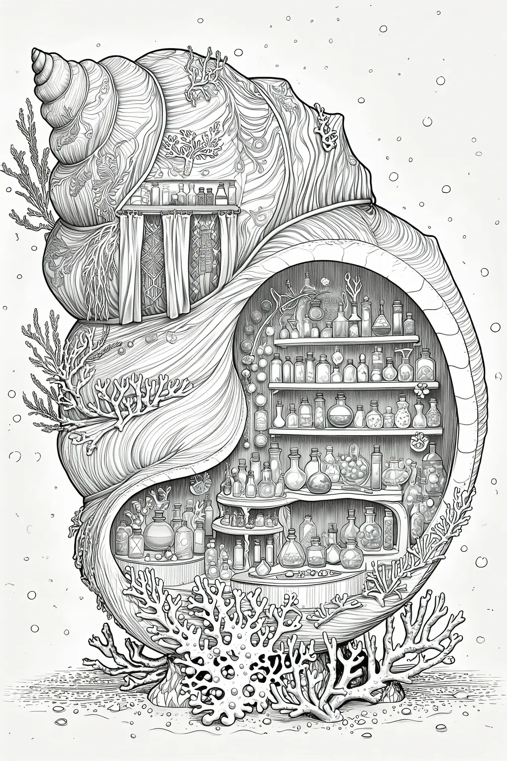 Black and white detailed coloring page illustration of a giant seashell-shaped fantasy shelf filled with bottles, coral, and underwater decor, ideal for kids' coloring page, printable coloring page