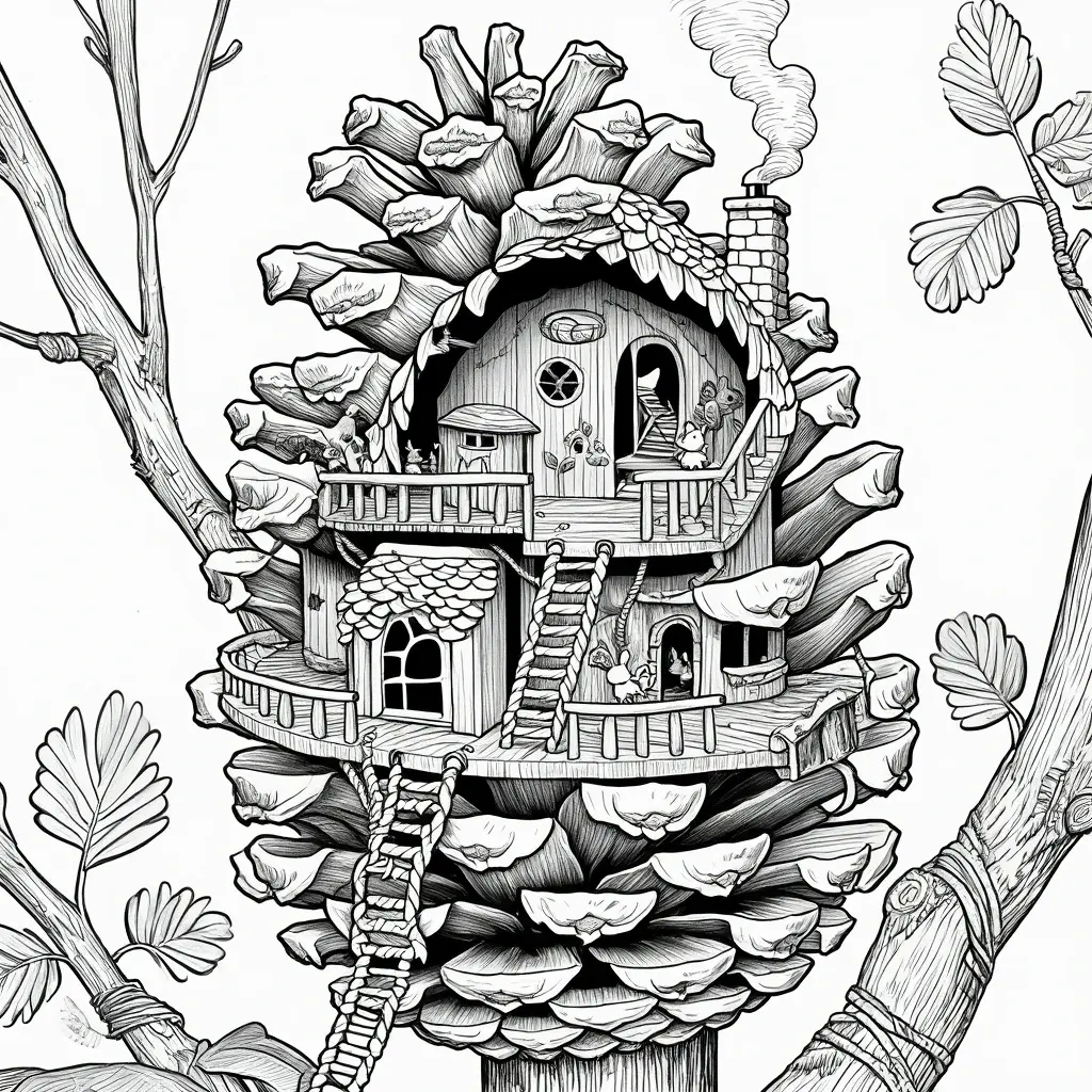 Black and white detailed coloring page illustration of a magical treehouse built inside a giant pinecone with ladders, balconies, smoke rising from a chimney, and woodland branches around it; perfect