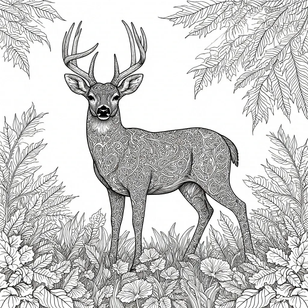 Detailed coloring page of a majestic deer surrounded by nature, part of.