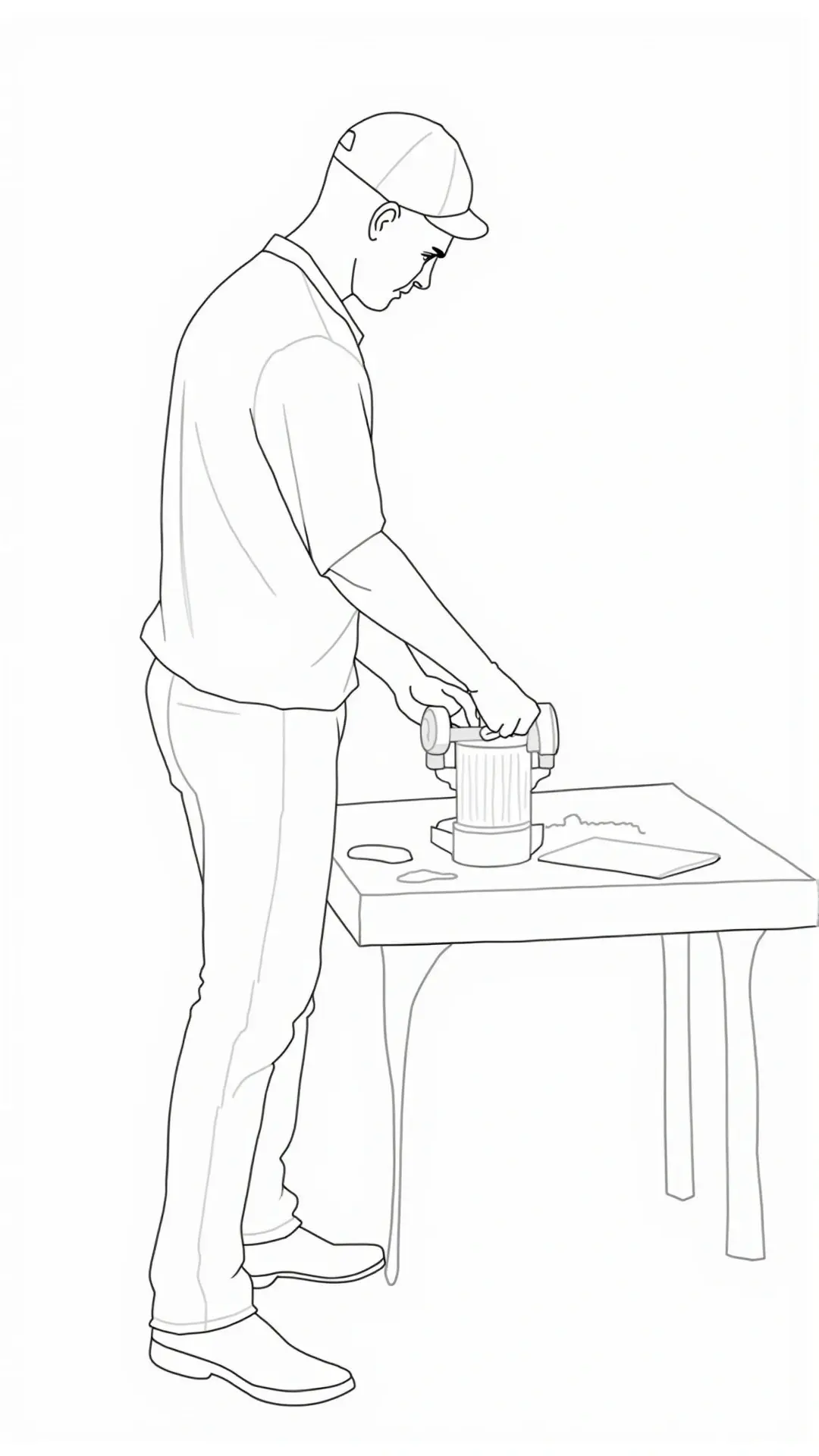 Line-art of a standing man working at a table simple people coloring page suitable for detailed coloring page, kids' coloring page, printable coloring page, and coloring sheets.