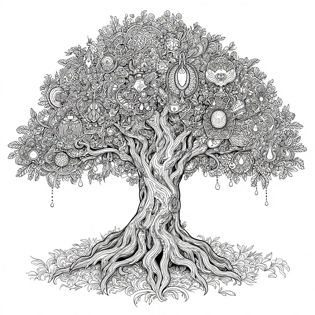 Intricate black-and-white Tree of Life illustration with mandala-style patterns and ornaments; ideal for detailed coloring page, kids' coloring page, printable coloring page collections, and coloring