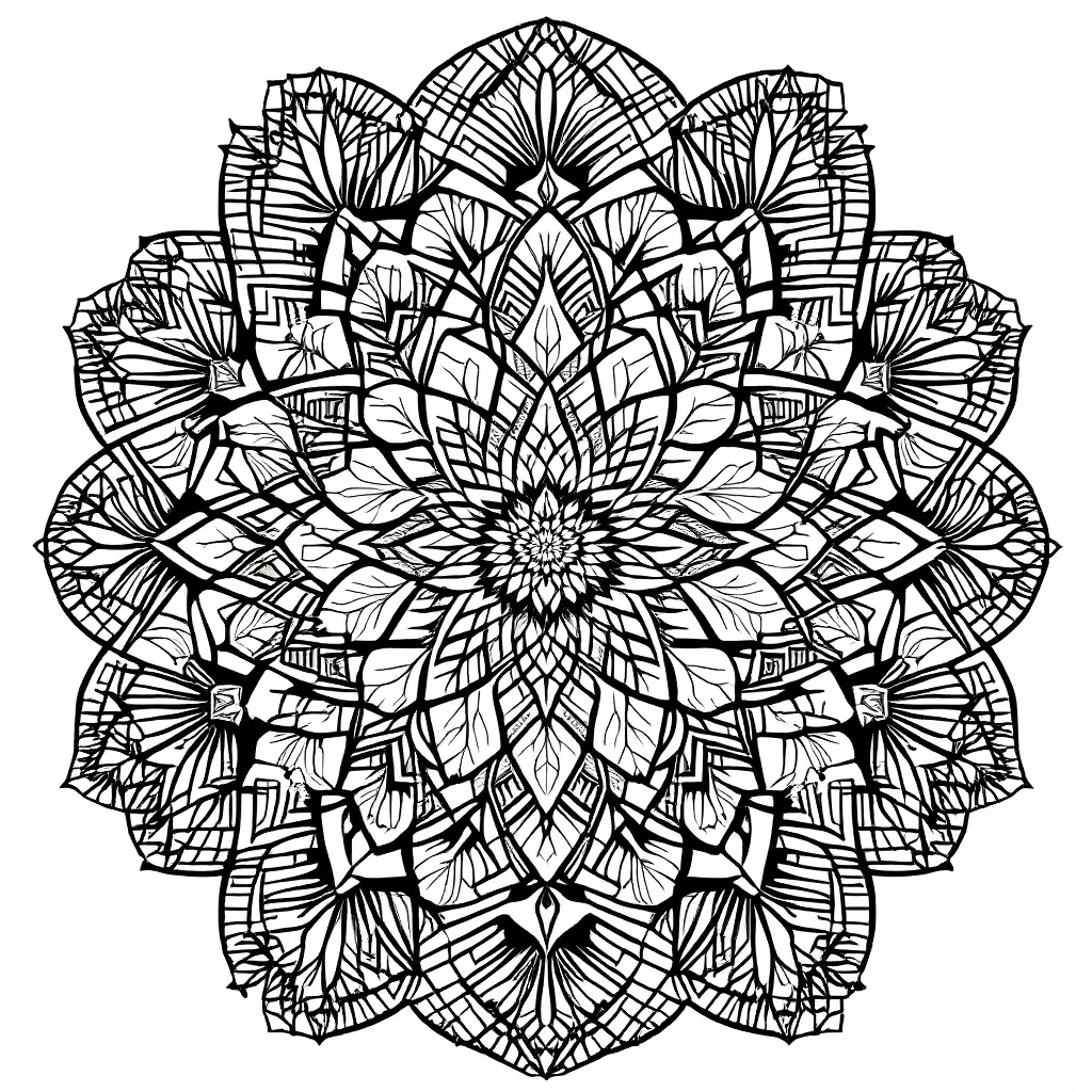 Black and white mandala coloring page with floral patterns, ideal detailed coloring page, kids' coloring page, printable coloring page and coloring sheets for relaxation and creativity.