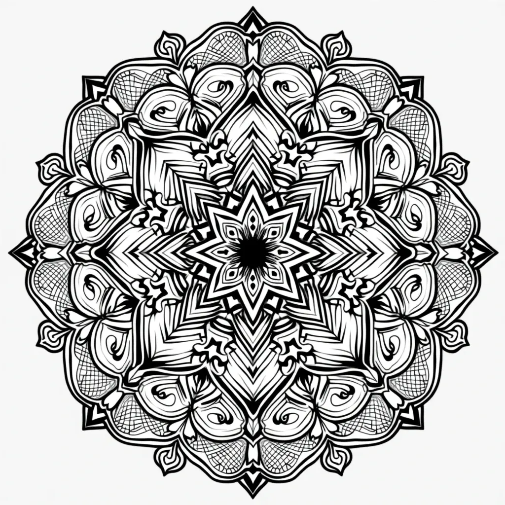 Black and white mandala coloring page with intricate patterns and floral shapes a detailed coloring page design suitable for kids' coloring page, printable coloring page and coloring sheets for all