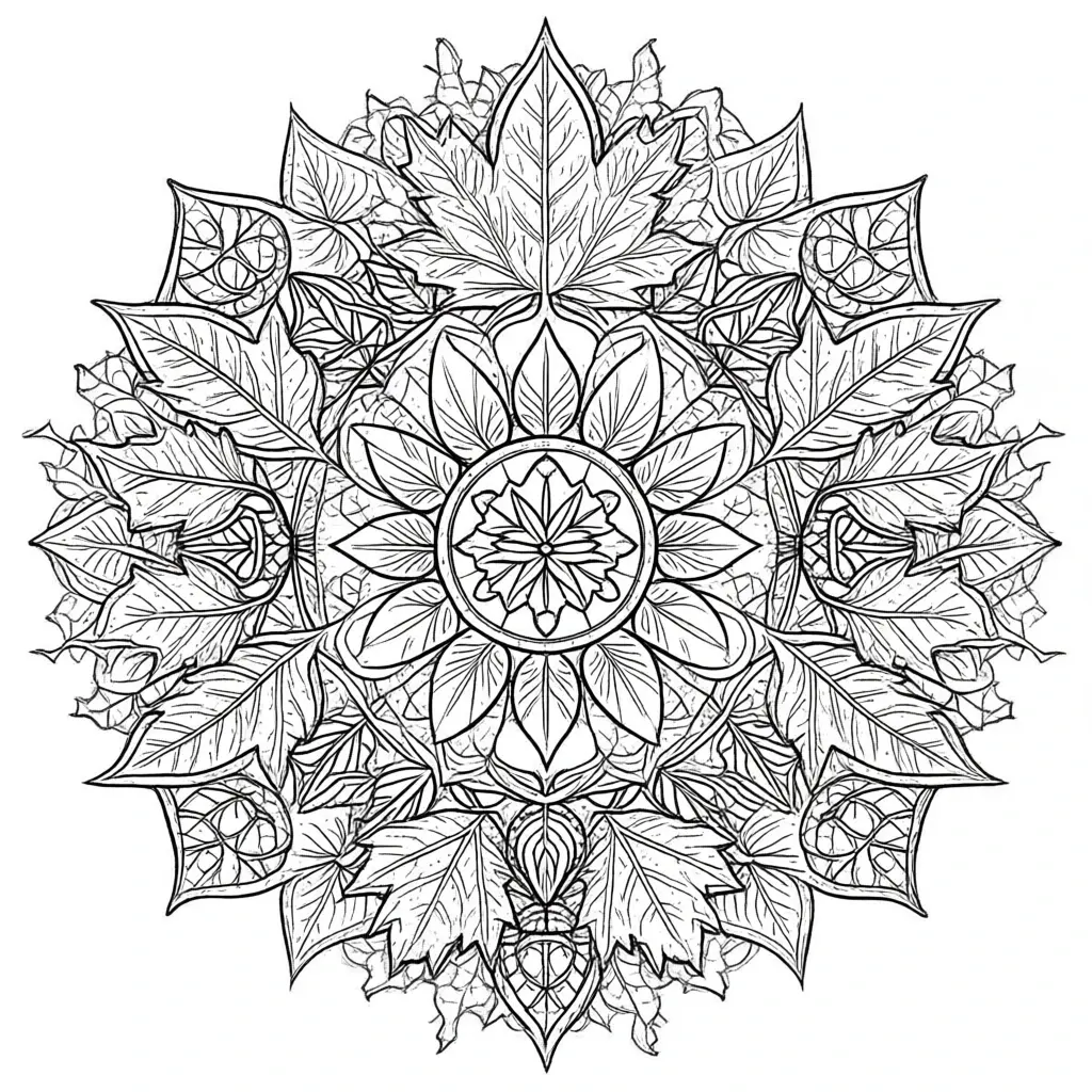 Black and white detailed mandala made of leaves and petals a printable coloring page style page with intricate lines for detailed coloring page, kids' coloring page, printable coloring page and