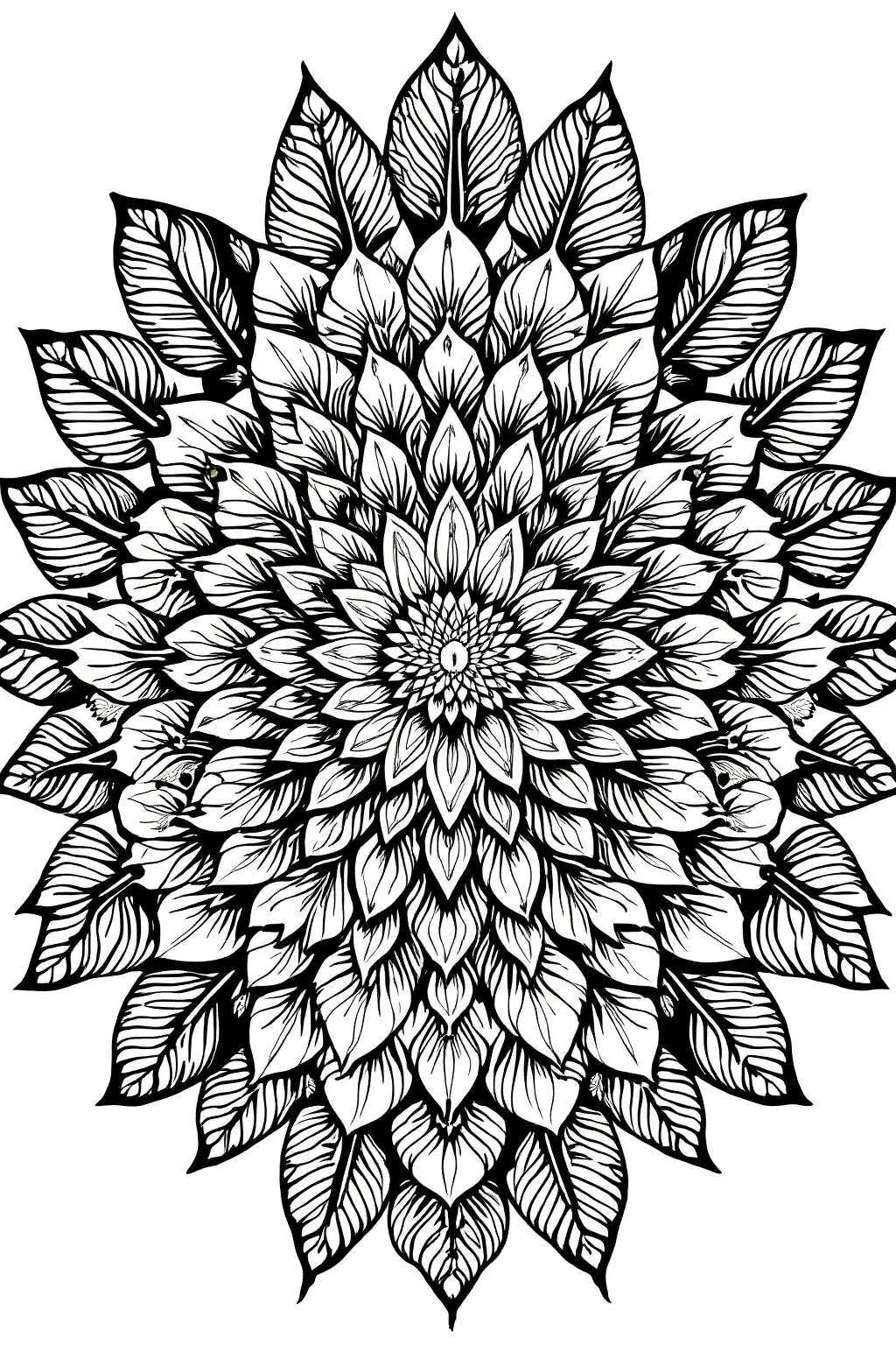 Black-and-white intricate floral mandala coloring page detailed coloring page, kids' coloring page, printable coloring page, coloring sheets for adults and children.