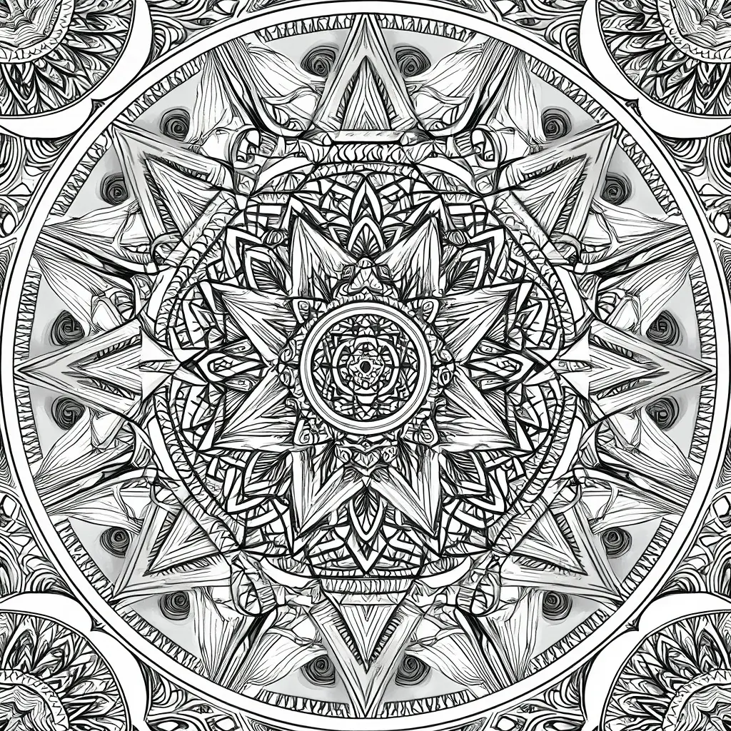 Black and white intricate mandala coloring page with layered geometric petals, circular patterns, and detailed decorative line art for a printable coloring page and coloring sheets. Great for detailed