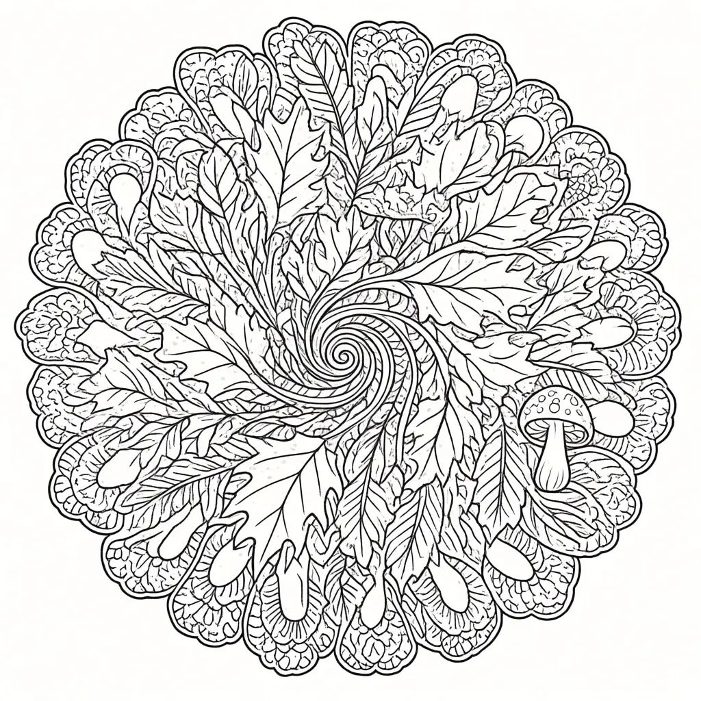 Black-and-white leaf mandala spiral with acorns and a mushroom an intricate line-art page ideal for detailed coloring page, kids' coloring page, a printable coloring page, and nature-themed coloring