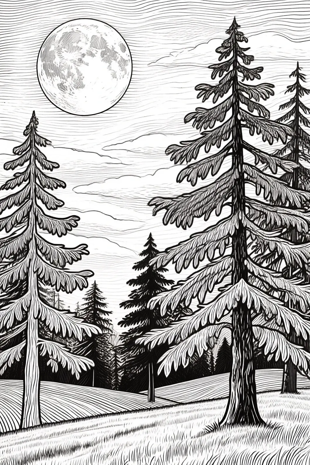 Moonlit pine forest line art for a printable coloring page featuring detailed coloring page, kids' coloring page, printable coloring page and coloring sheets with tall evergreen trees and a full moon.