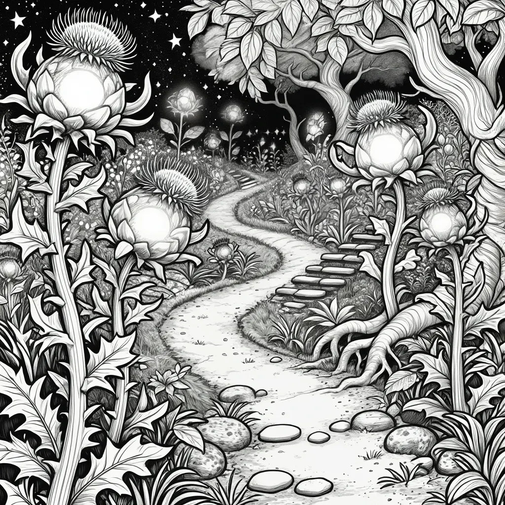 Black and white detailed coloring page illustration of a magical moonlit flower garden with a winding path, glowing blossoms, and dense foliage; great for kids' coloring page, printable coloring page.