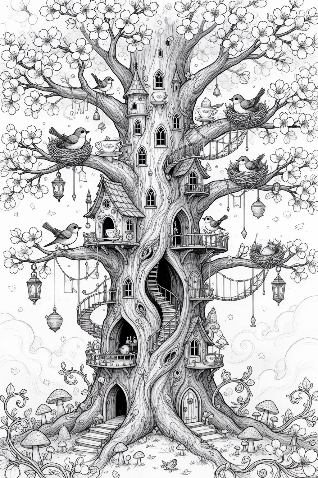 Moonlit Tiny Bird Kingdom coloring page.