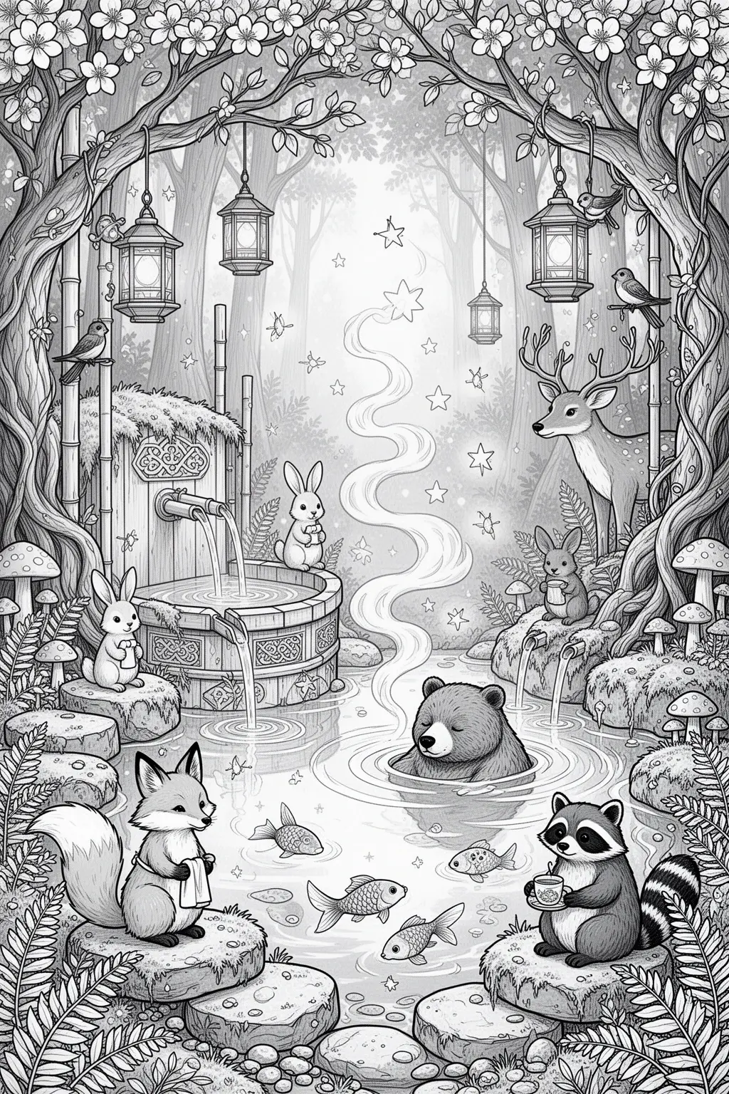 Moonlit Onsen Magic coloring page.