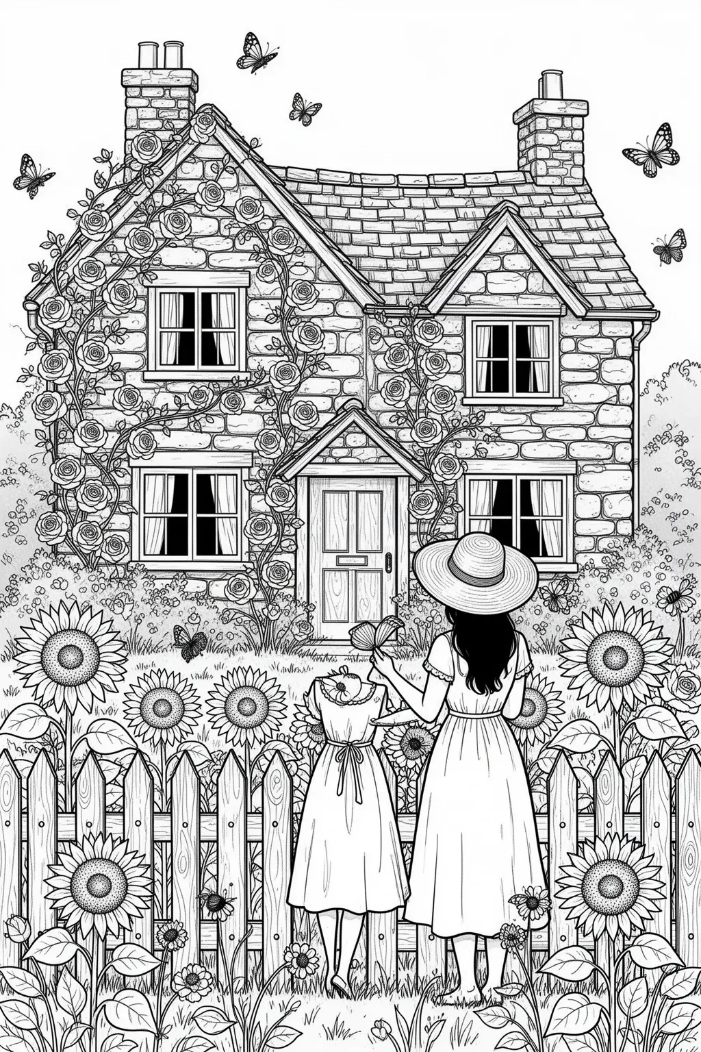 Mother's Day Cottage Garden coloring page Free Printable for Adults.