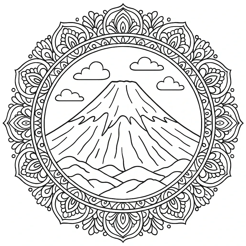Mountain mandala coloring page intricate mandala border with mountain scene, printable coloring page style, detailed coloring page, kids' coloring page, coloring sheets.