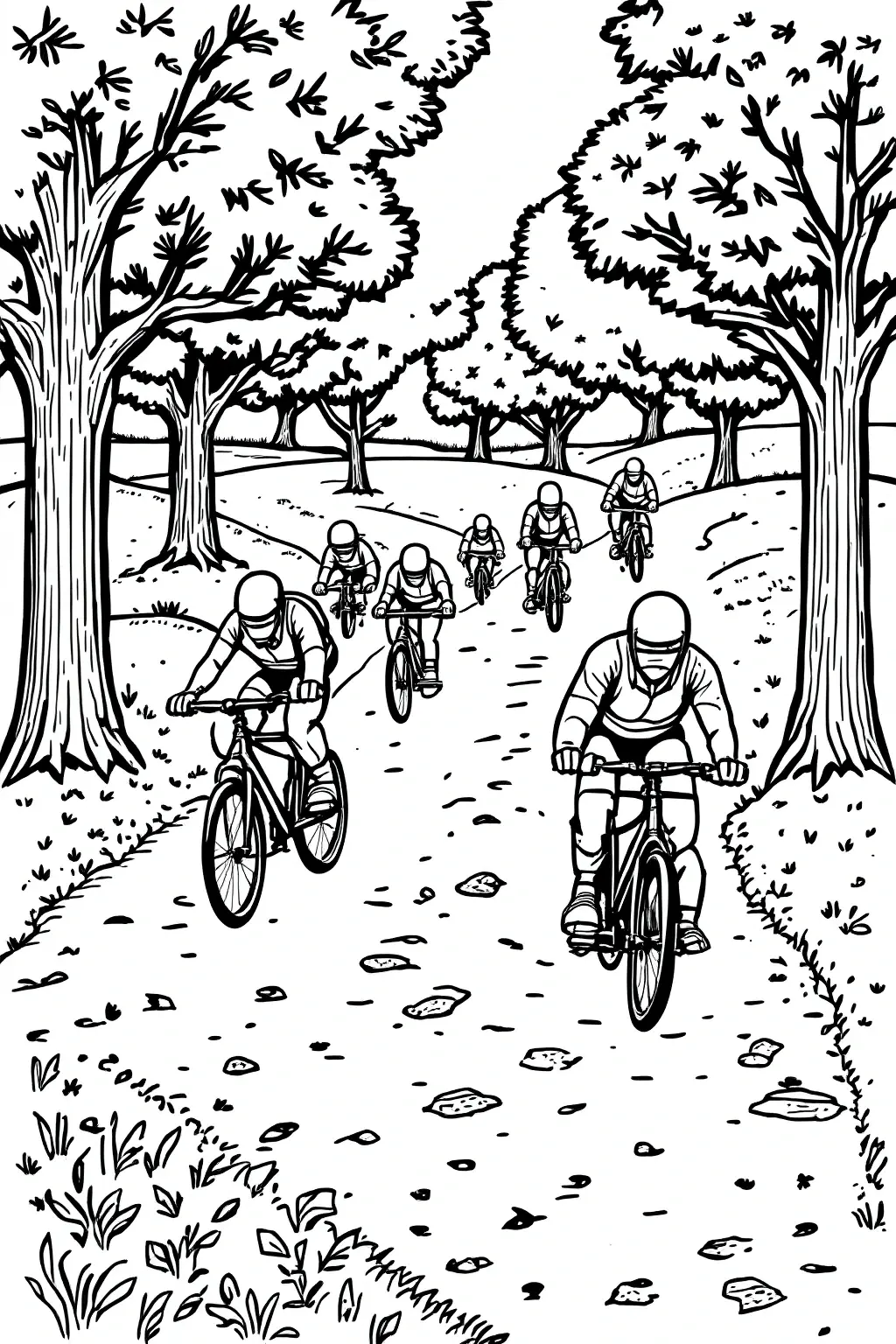 Black-and-white line art of cyclists riding on a dirt trail through trees. A detailed coloring page scene suitable for kids' coloring page and a printable coloring page or coloring sheets. Outdoors